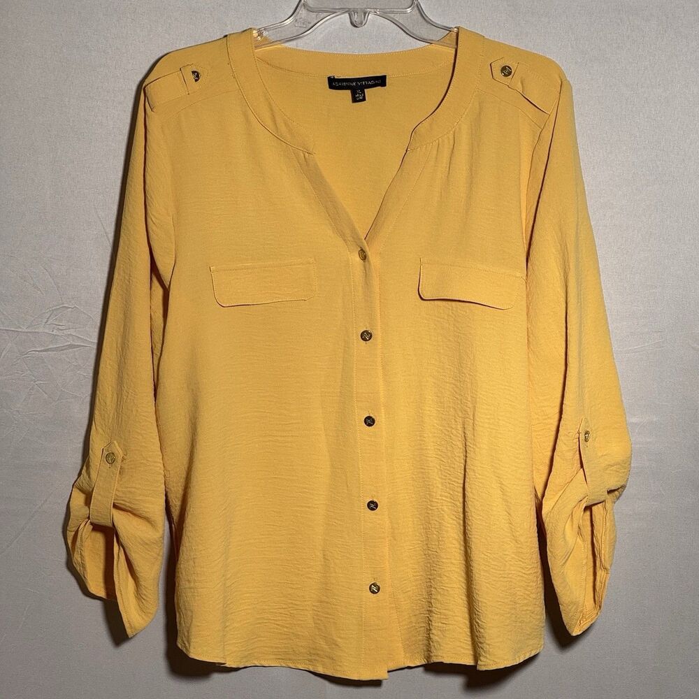 Adrienne Vittadini XL Yellow Roll Tab Button Front Blouse Career Casual Top